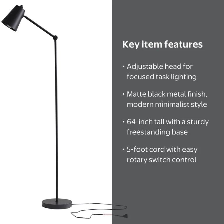 Free Shipping! Mainstays 64 Inch Black Architect Floor Lamp, Matte