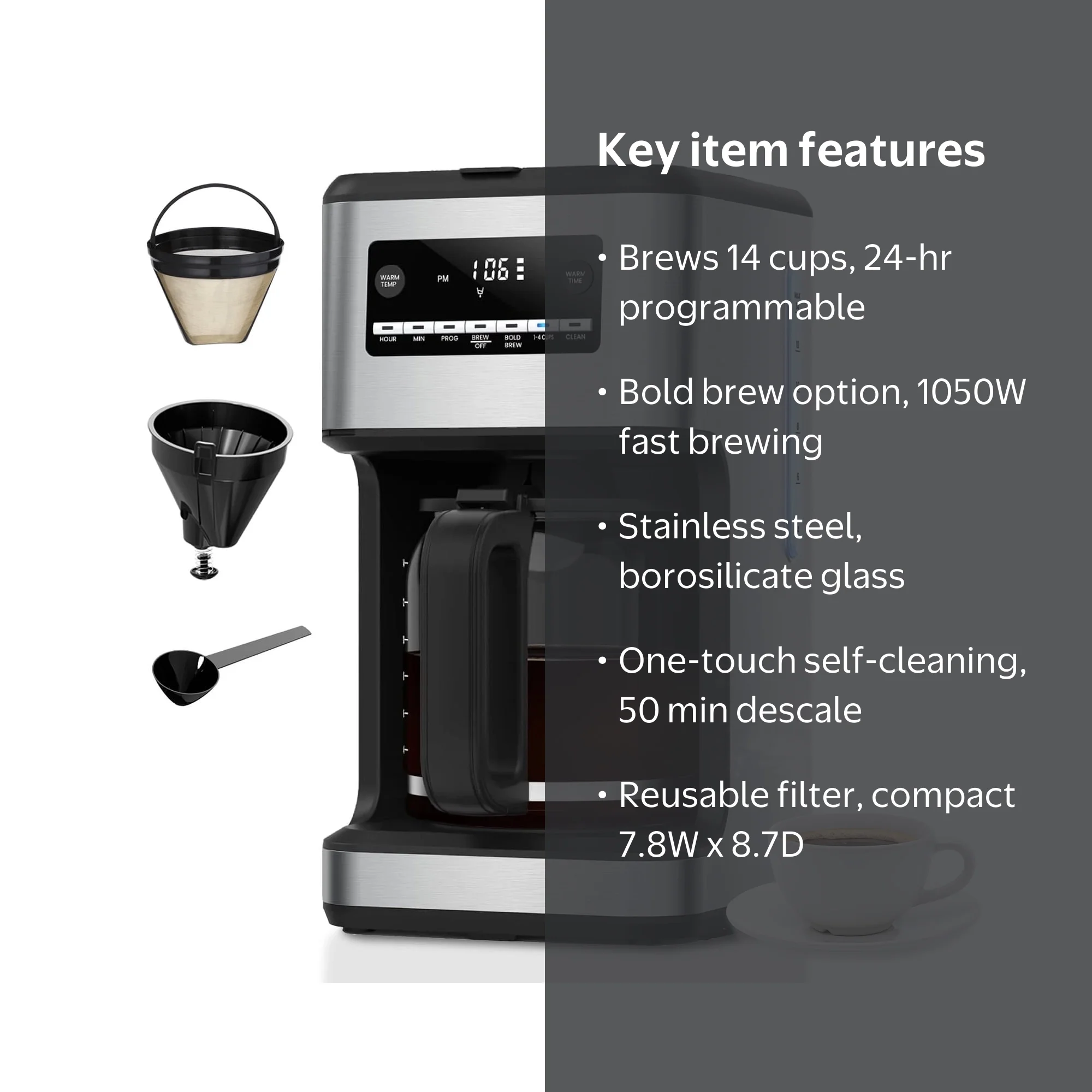 Auseo 14-Cup Drip Coffee Maker, Programmable 24Hr Brew, Bold Brew,  Self-Cleaning, 1050W - Walmart.com