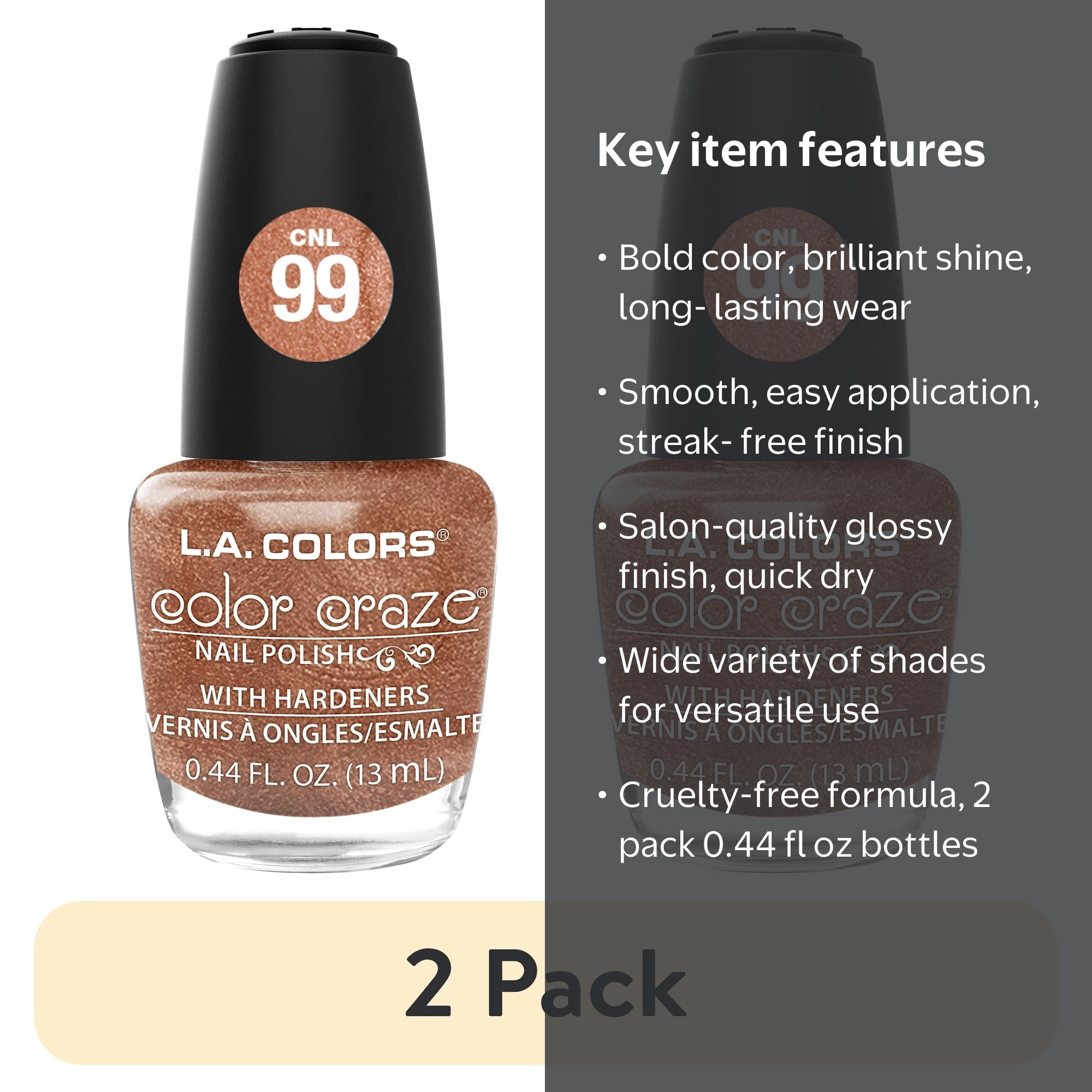 2 pack) L.A. COLORS Color Craze Nail Polish, Rose Gold, 0.44 fl oz