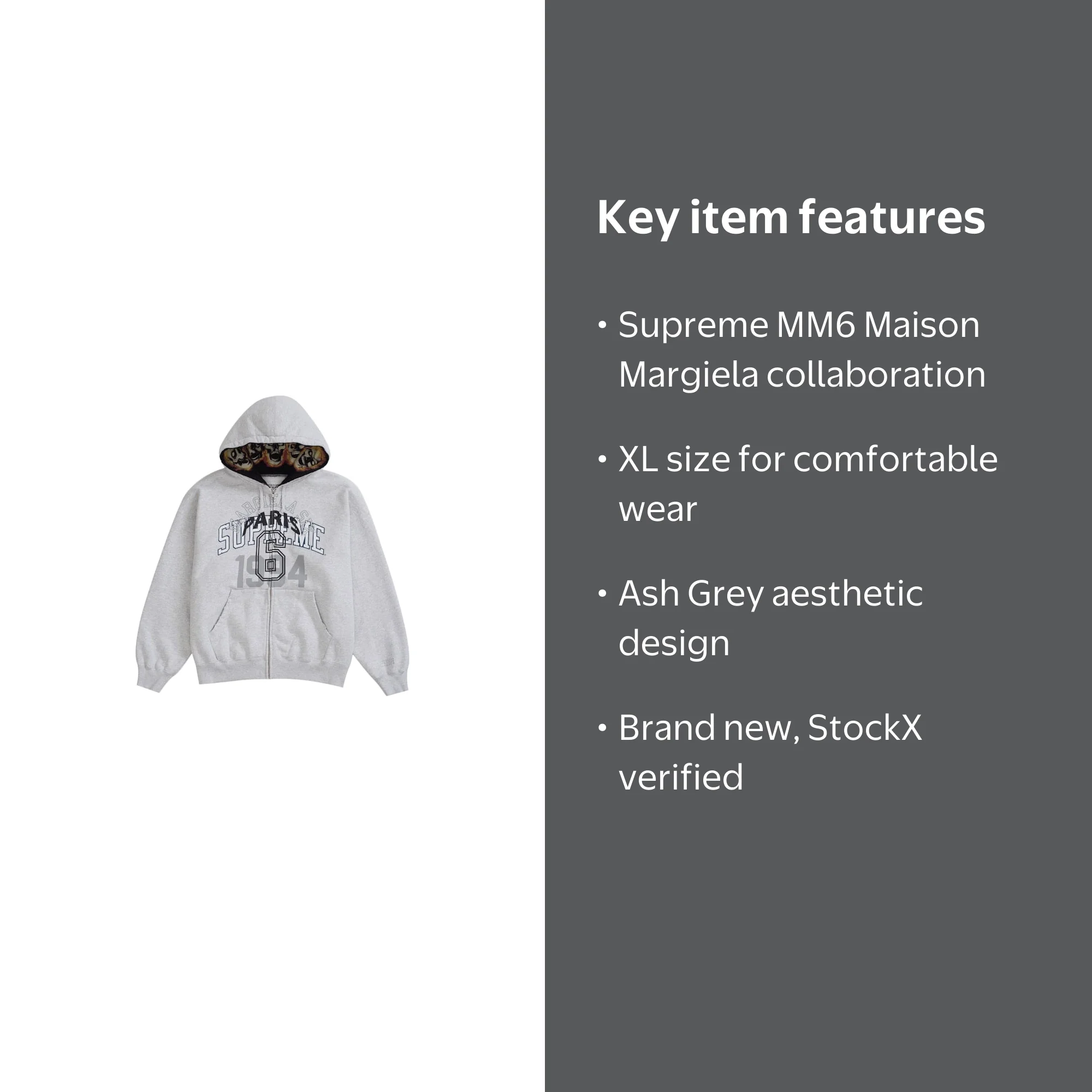Supreme Men's MM6 Maison Margiela Zip Up Hooded Sweatshirt Ash
