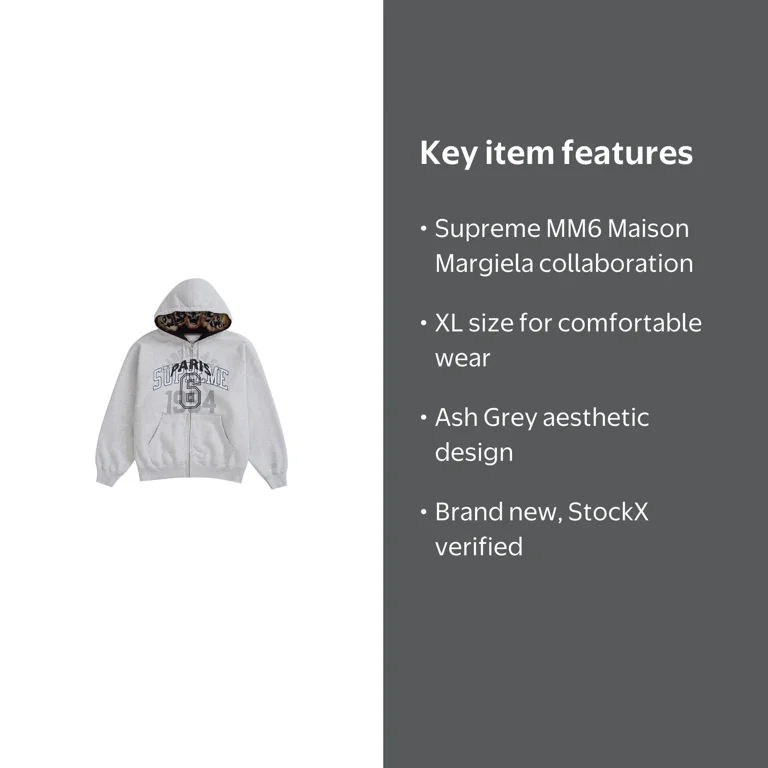 Supreme Men's MM6 Maison Margiela Zip Up Hooded Sweatshirt Ash