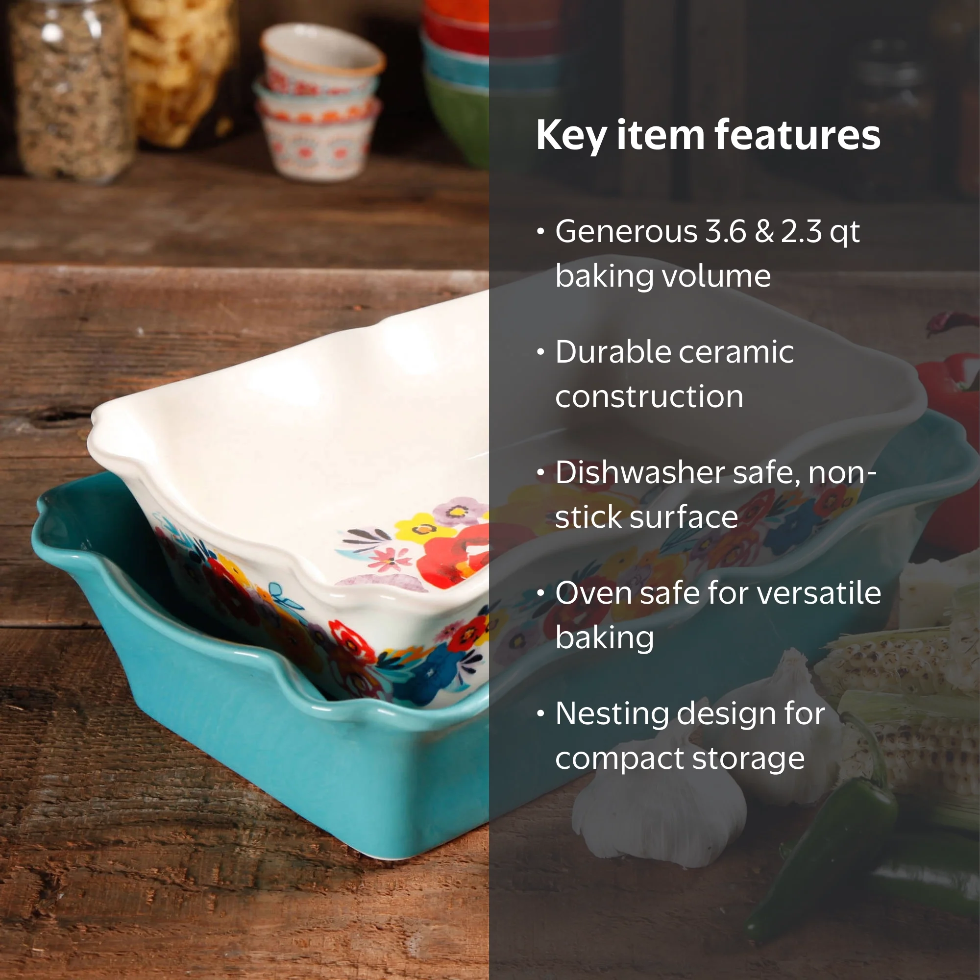 The Pioneer Woman 2-Piece Rectangular Ruffle Top Ceramic Bakeware