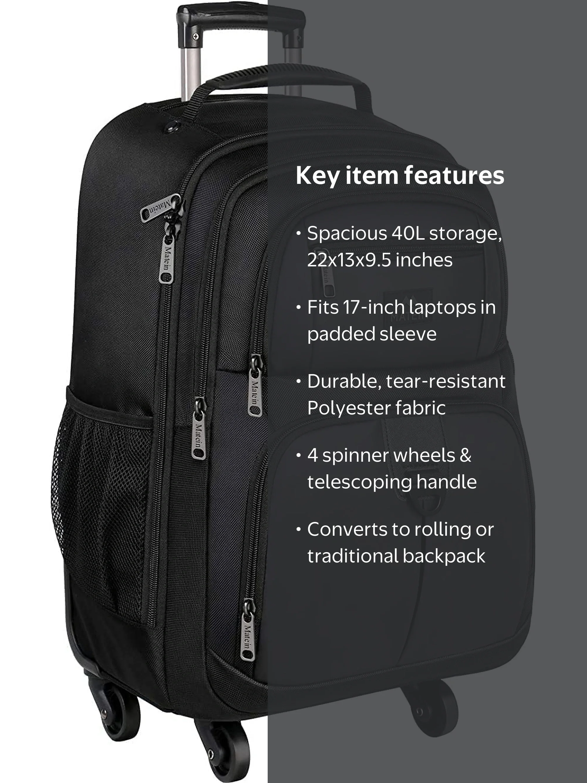 best business travel backpack with wheels MATEIN Wheeled Backpack, 18 Inch Laptop for High School or College, Rolling Backpack, Carryon Trolley Luggage Suitcase Roll when you want MATEIN Rolling Backpack with 4