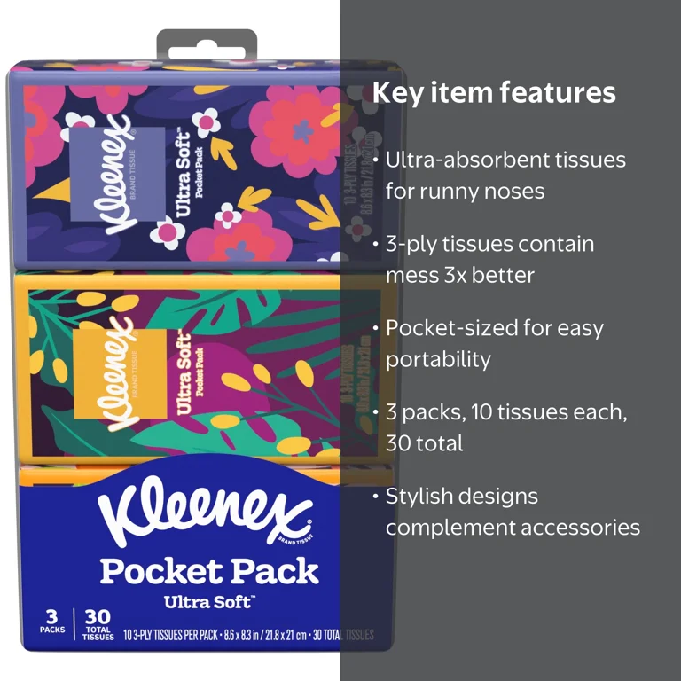 Kleenex, On-The-Go Facial Tissues, 3pk, 3-Ply, 10 Tissues per Pack