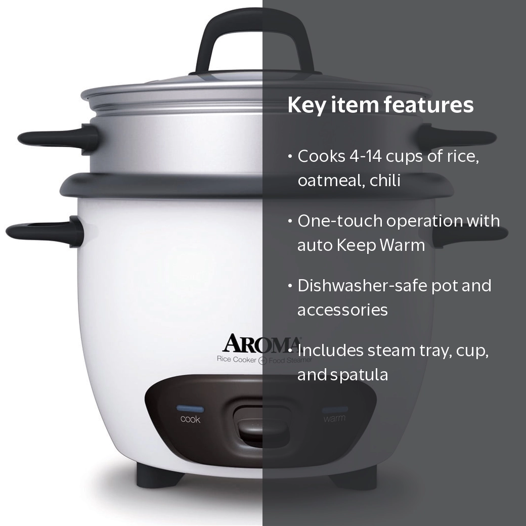 AROMA® 14-Cup (Cooked) / 3Qt. Rice & Grain Cooker, White, New, ARC