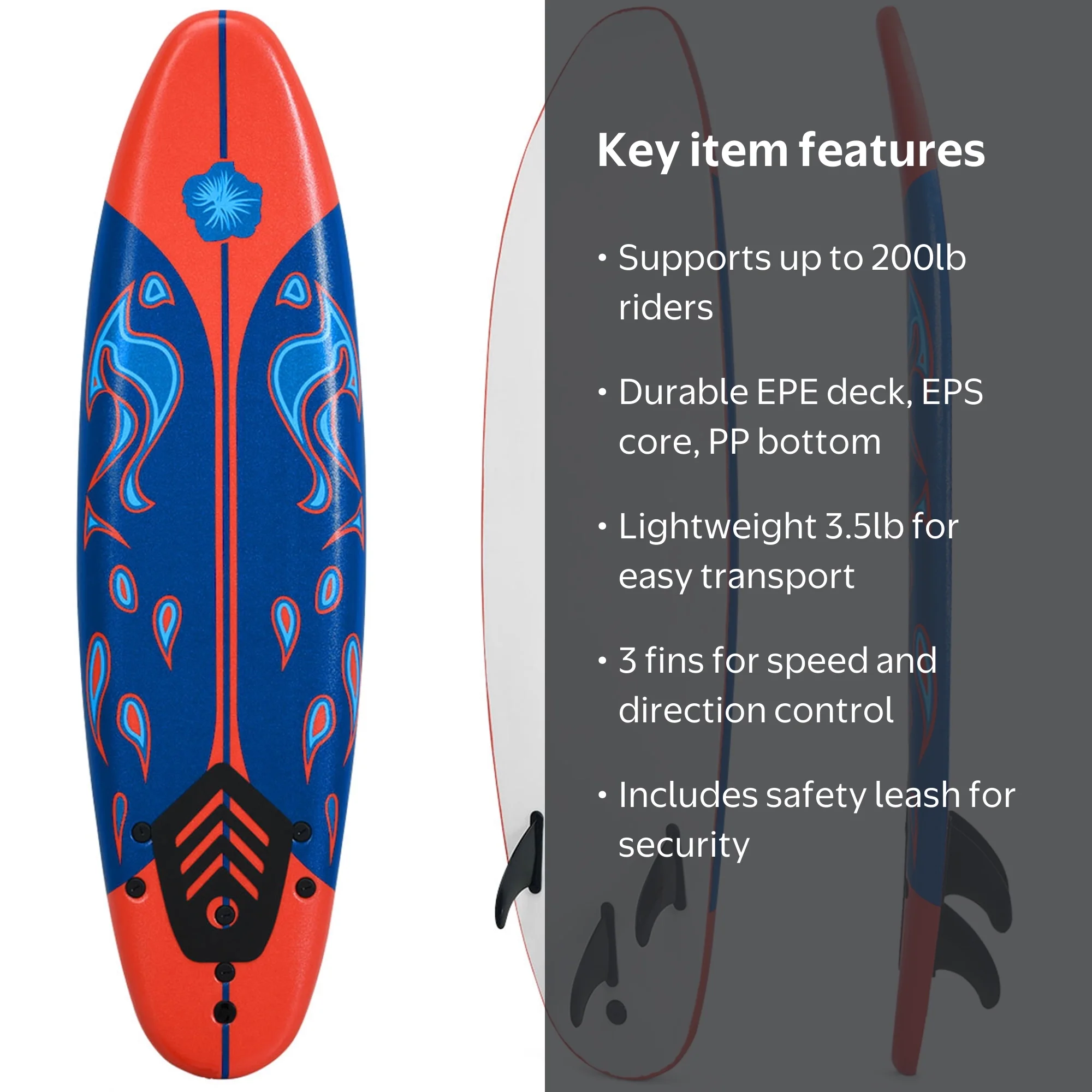 Gymax 6ft Surfing Body Board w/ 3 Removable Fins Safety Leash Red