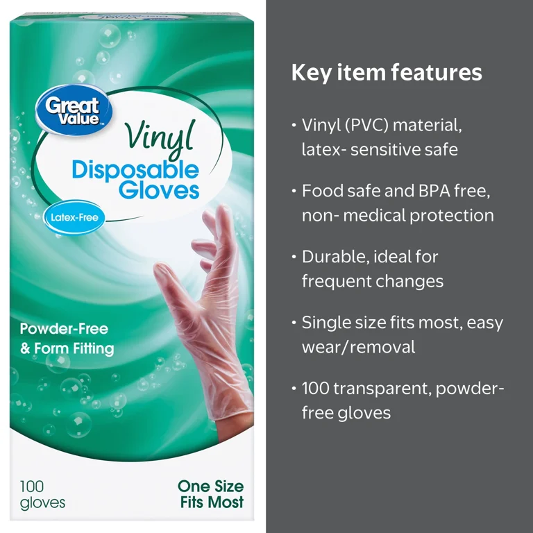 Great Value Disposable Vinyl Gloves, One Size Fits Most, 100ct