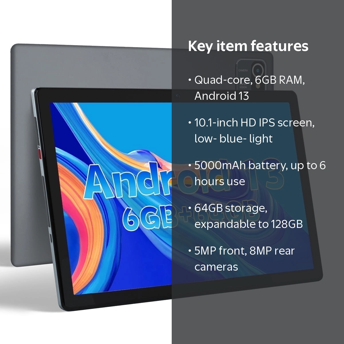 10inch Android 13 Tablet, 6GB RAM 64GB ROM 128GB Expand, Quad-core
