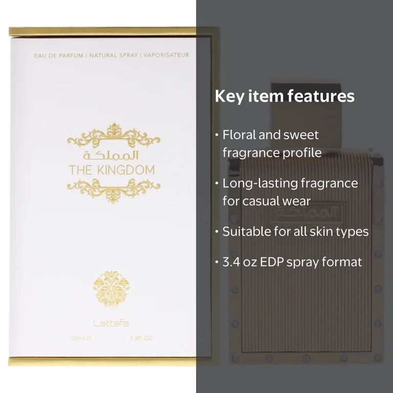 Lattafa, The Kingdom EDP Spray, 3.4 oz, Floral and Sweet Fragrance