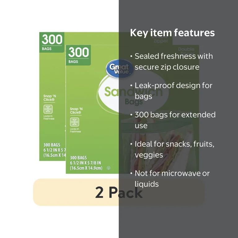 2 pack) Great Value Double Zipper Sandwich Bags, 300 Count