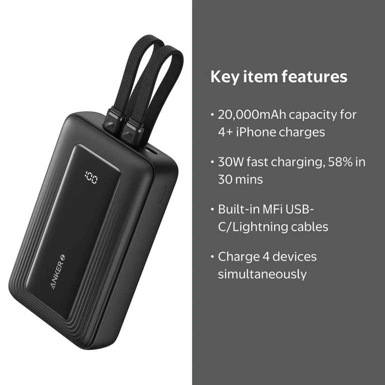 Anker 20,000mAh Power Bank, 30W Fast Charging, Built-In USB-C +