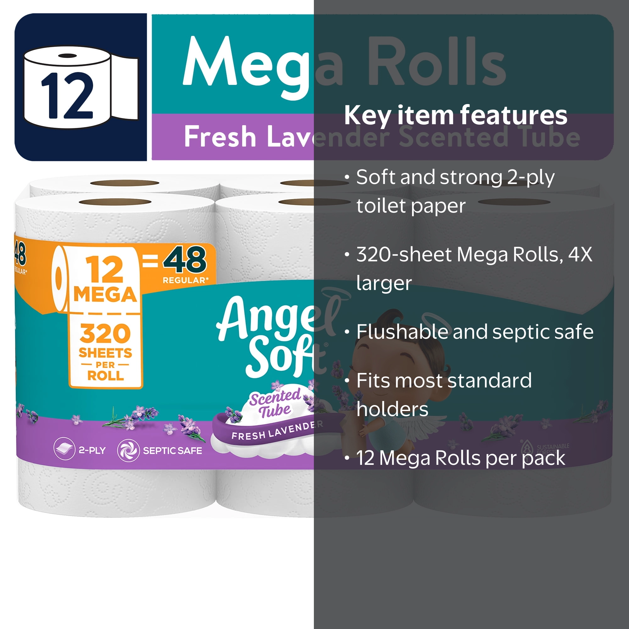 Angel Soft Septic Safe Bathroom Toilet Paper, 12 Mega Rolls, Fresh