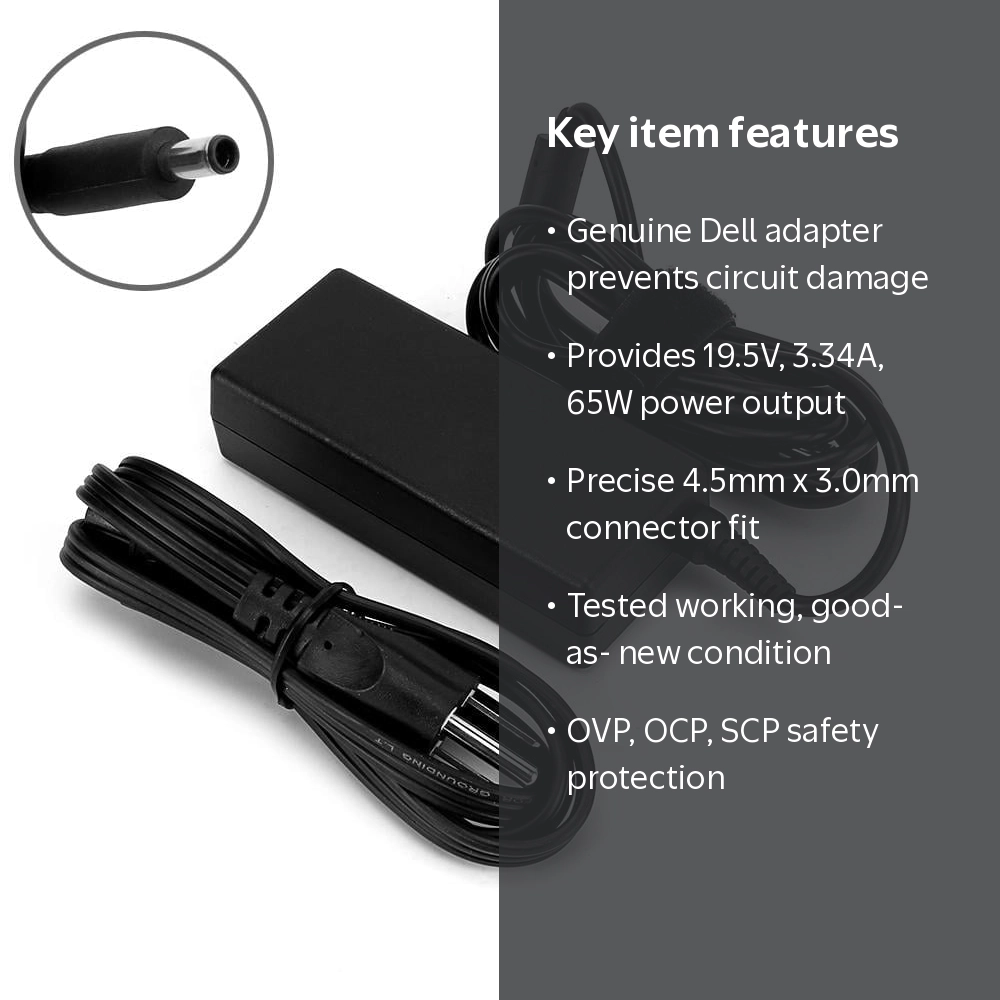 Dell, Laptop Charger, 65W, 19.5V 3.34A Black with Connector