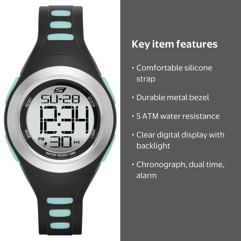 Skechers Digital Chronograph Watch with Black Silicone Strap, Mint