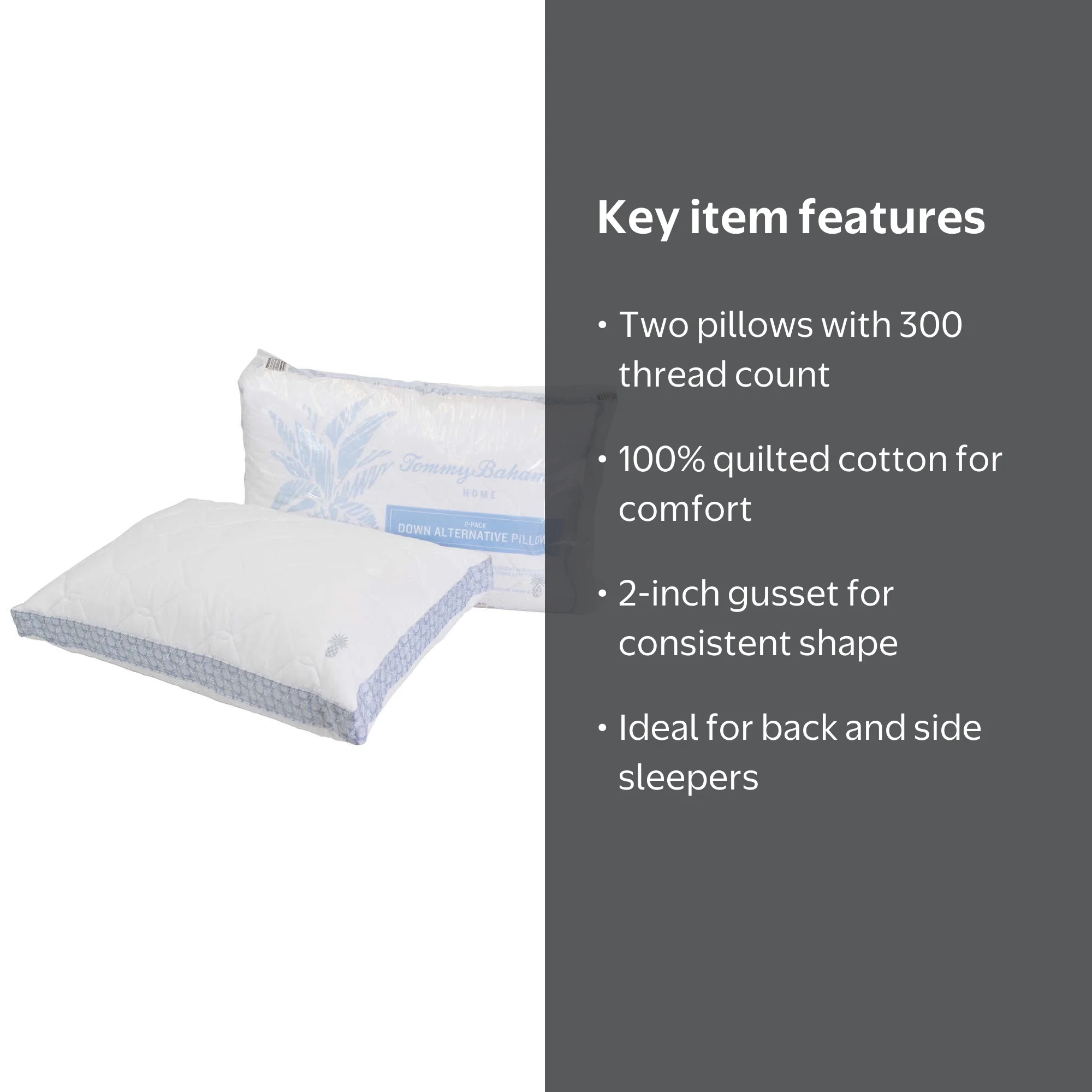 Tommy Bahama, Quilted Pillow 2-pack, Blue, 300 Thread Count