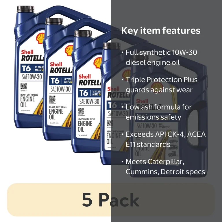 5 pack) Shell Rotella T6 Full Synthetic 10W-30 Diesel Engine Oil