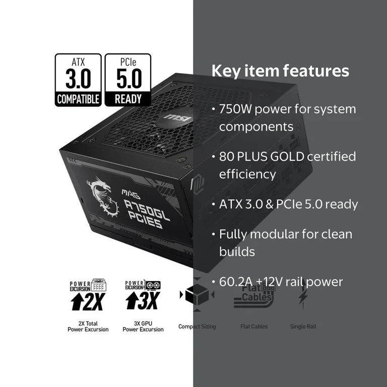 MSI, MAG A750GL, PCIE 5.0, 80 GOLD Fully Modular Gaming PSU, 750W