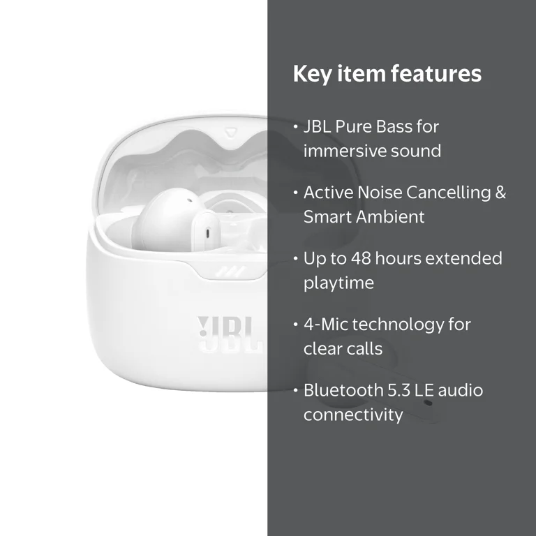 JBL Tune Beam True Wireless In-Ear Earbuds, White, JBLTBEAMWHTAM