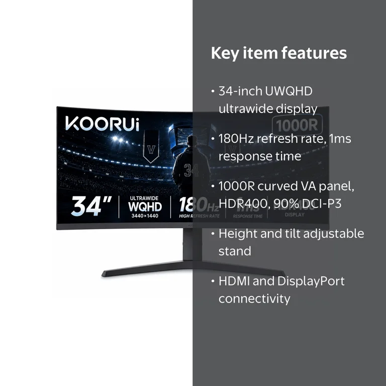KOORUI 34'' WQHD Curved Gaming Monitor, 3440√ó1440p 180Hz 1ms
