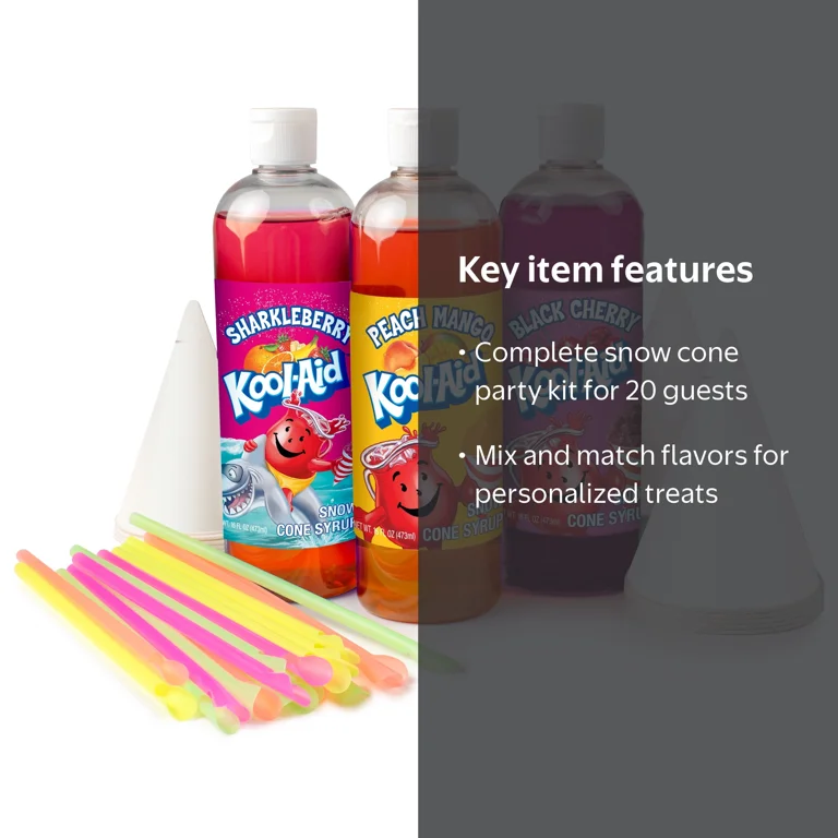 Kool-Aid Snow Cone Syrup Party Kit, 3 x 16 oz with cups and straws