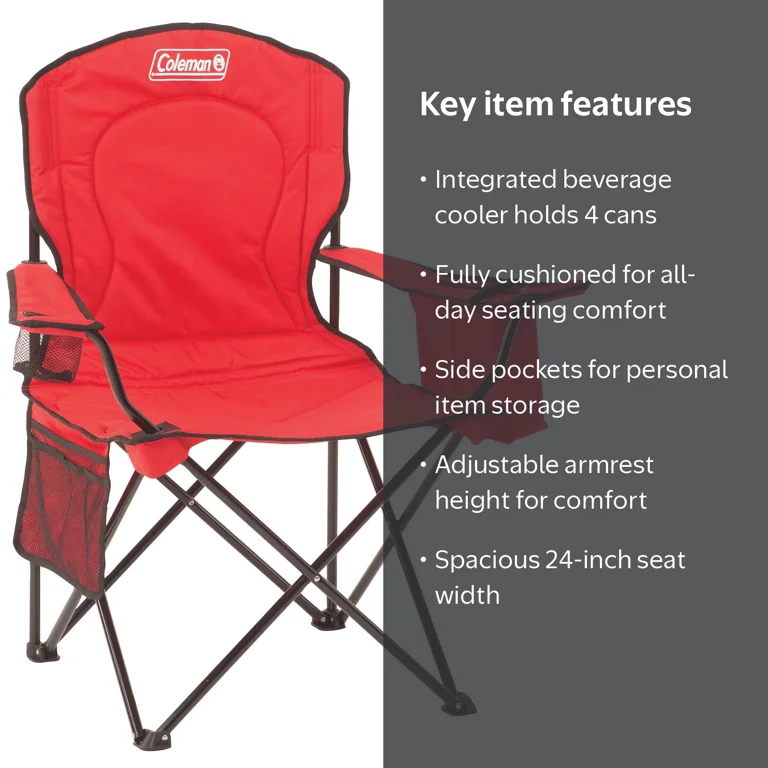 Coleman, Cooler Quad Chair, Oversized, Red with Built-In Cooler