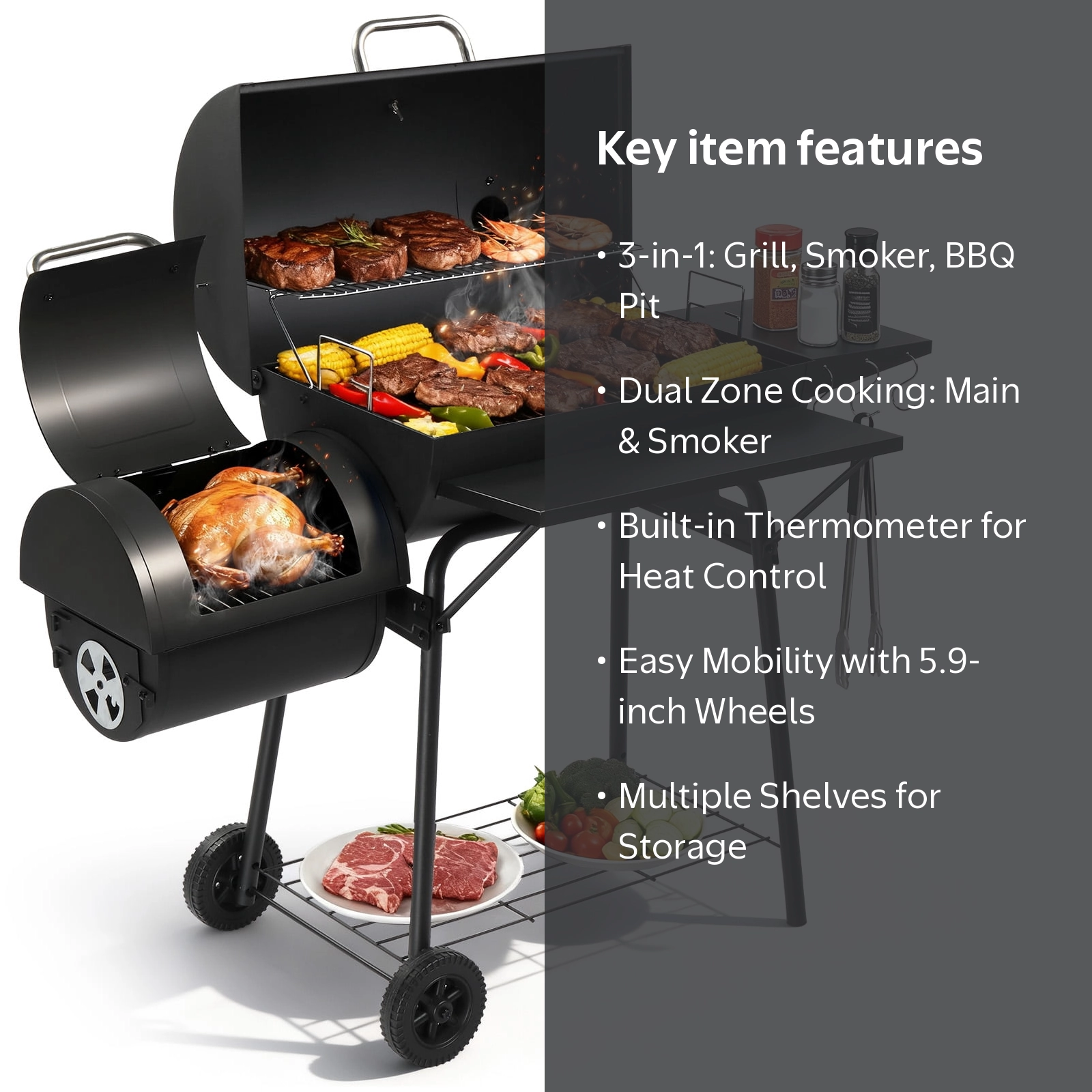 Zimtown BBQ Charcoal Grill Outdoor Barbecue Pit with Offset Smoker