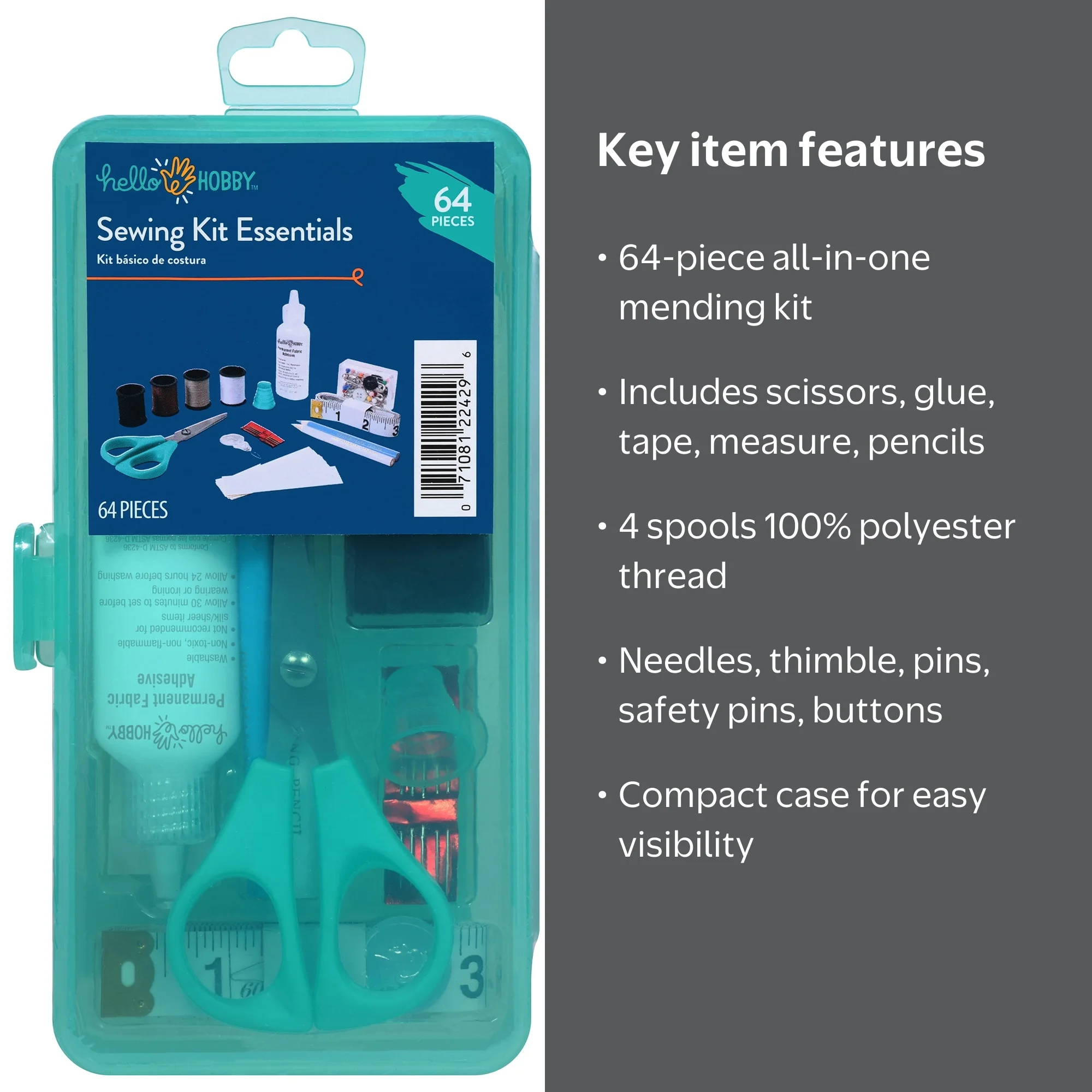 Hello Hobby Sew Kit Essentials with Storage Case, 64 Pieces, Teal