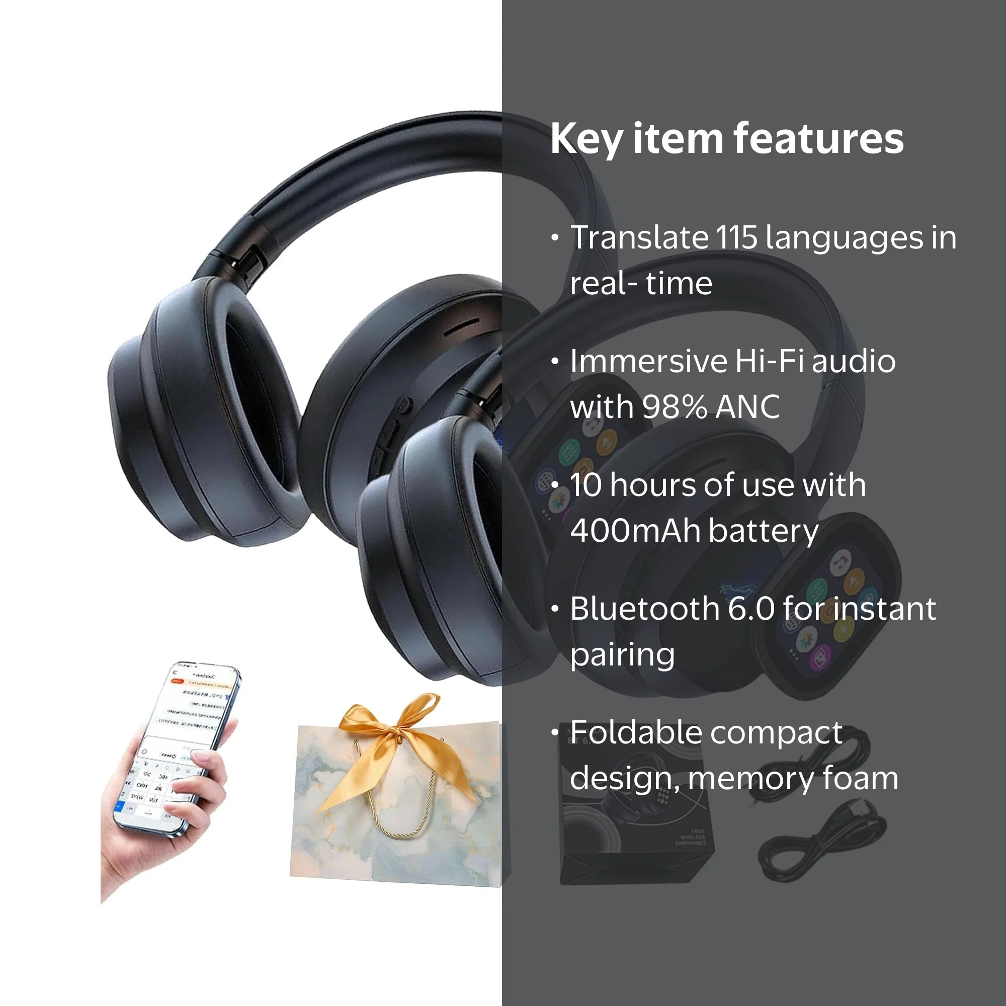 イヤホン H.y HY-X1 PRO AI Translation Wireless Headphones with Movable LCD