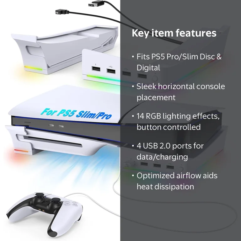 Prociv RGB Horizontal Stand for PS5 Pro Slim, 14 Light Modes, 4