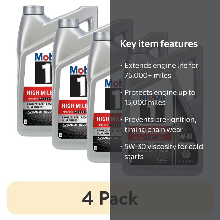 4 pack) Mobil 1 High Mileage Full Synthetic Motor Oil 5W-30, 5