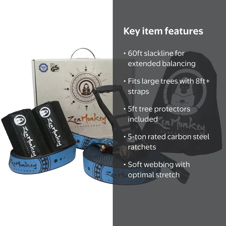 ZenMonkey Classic 60ft Slackline Kit with Tree Protectors