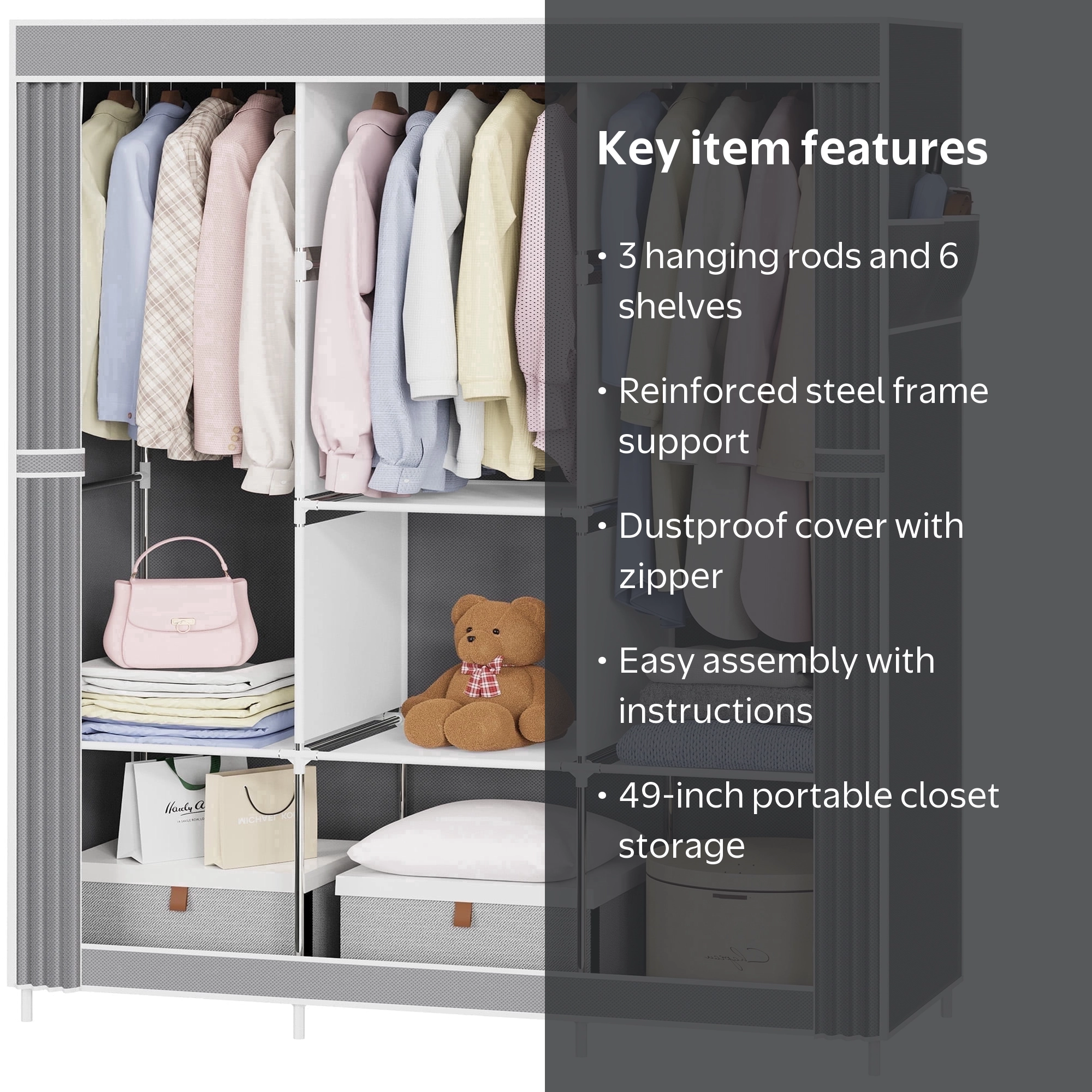report armario卒服　XS Riousery, Portable Wardrobe Closet, 49 inch, Grey, Dustproof