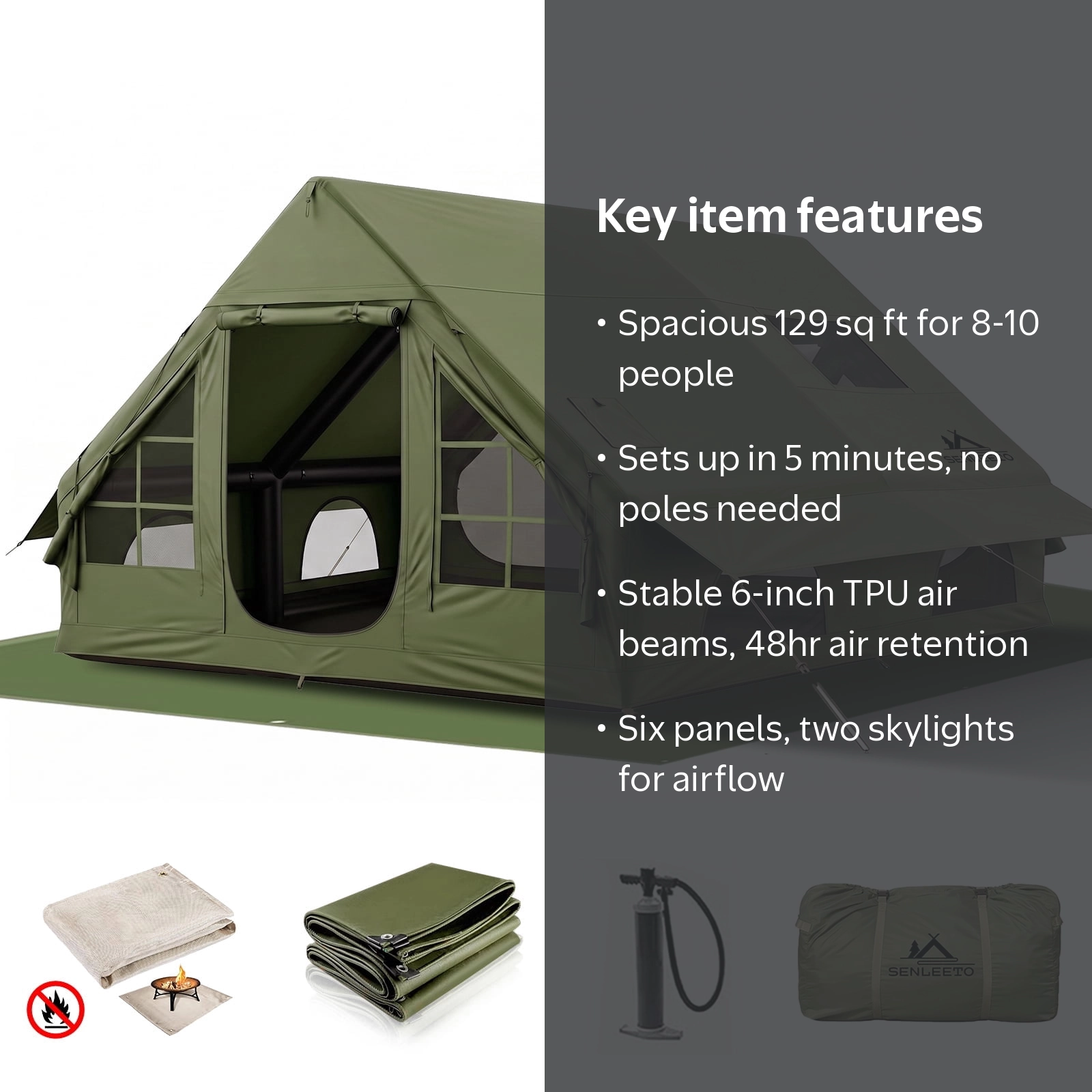 Senleeto Inflatable Camping Tent 8-10P, 129 sq ft, with Stove Jack