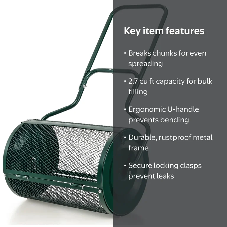 Costway, Compost Spreader, 27'' Metal Roller with Handle, Green