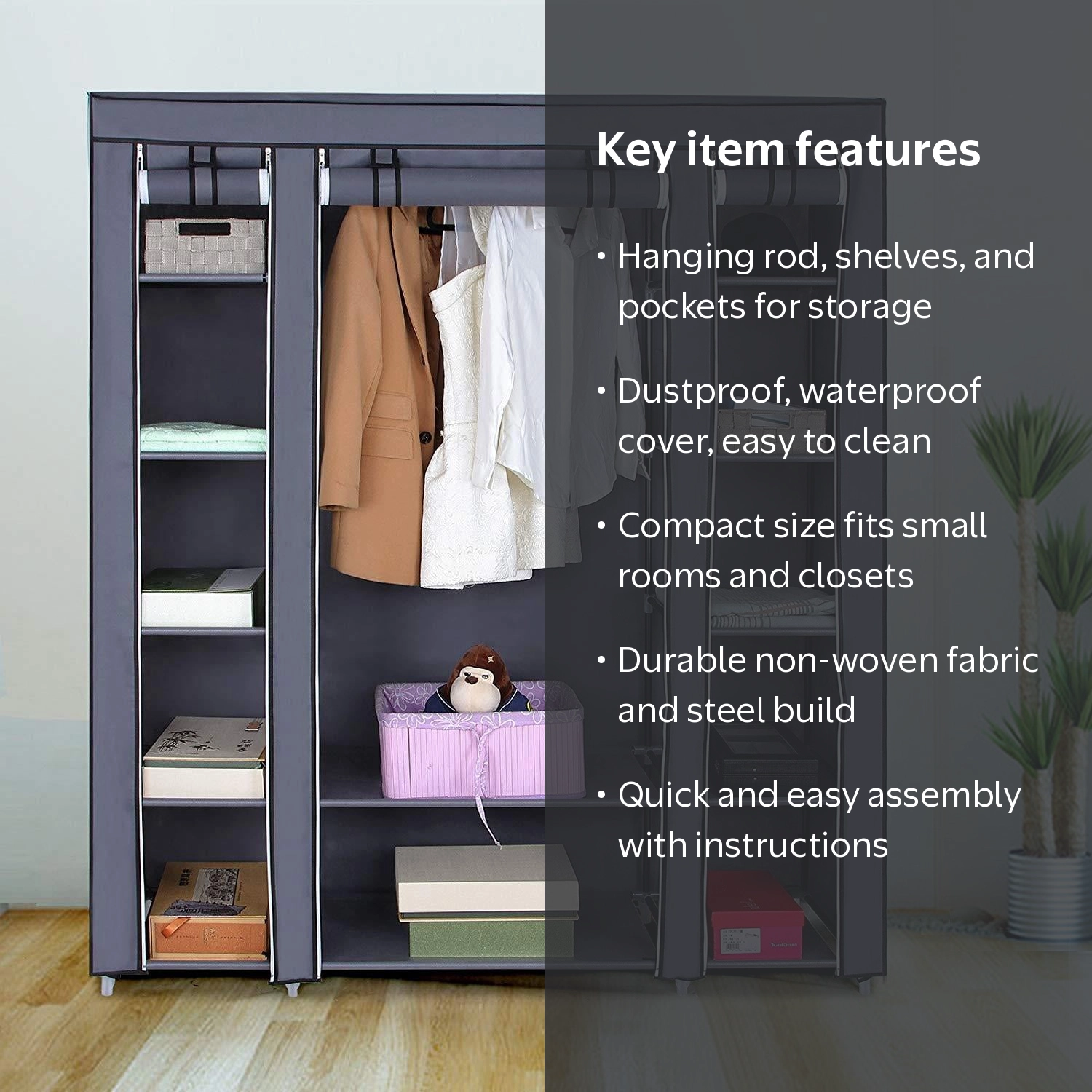 Ktaxon 69-Inch Portable Clothes Closet, Gray, Fabric Cover