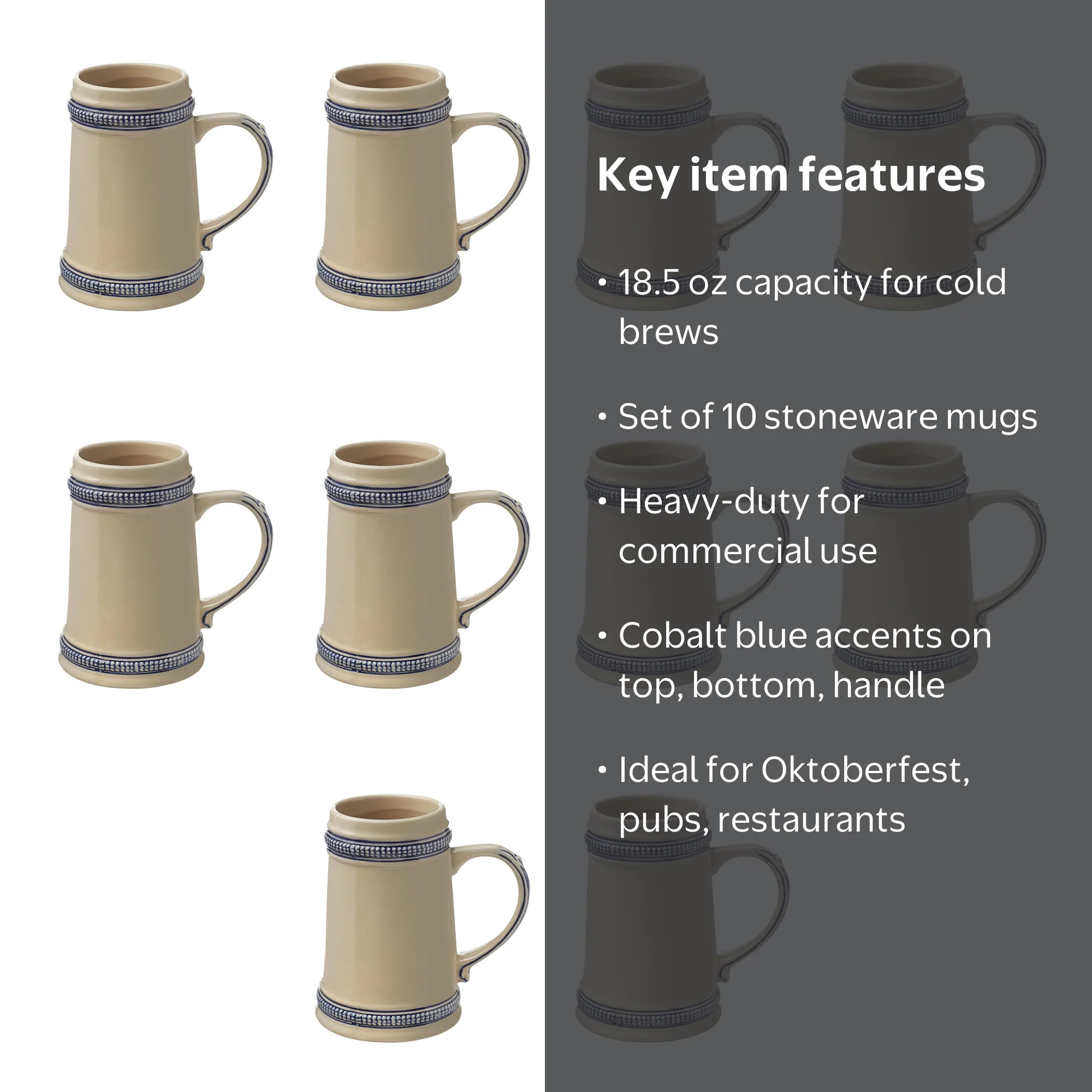 Stoneware Beer Stein Mugs 18.5 oz. Set of 10, Bulk Pack - Great