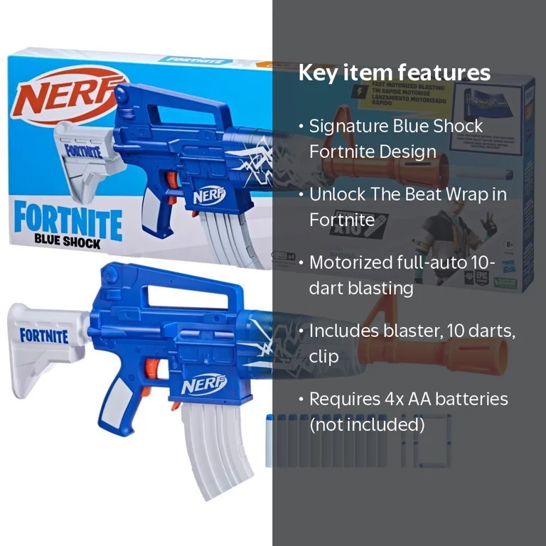 Nerf Fortnite Blue Shock Dart Blaster, 10-Dart Clip, Elite Darts
