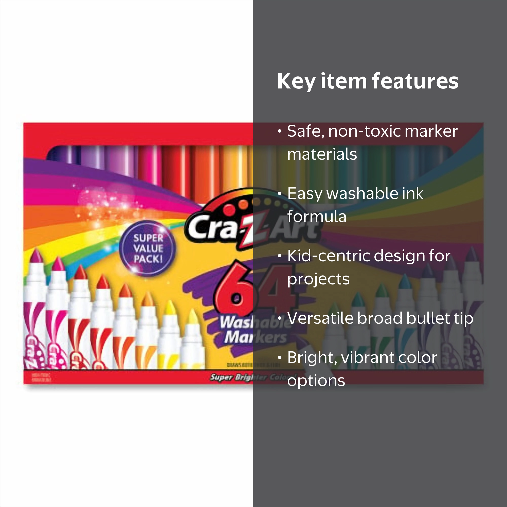 Cra-Z-Art Washable Markers, Broad Bullet Tip, Assorted Colors, 64