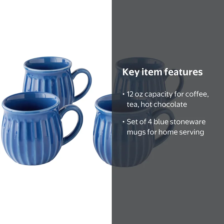 The Pioneer Woman Colette 12-Ounce Stoneware Mugs, Blue, Set of 4