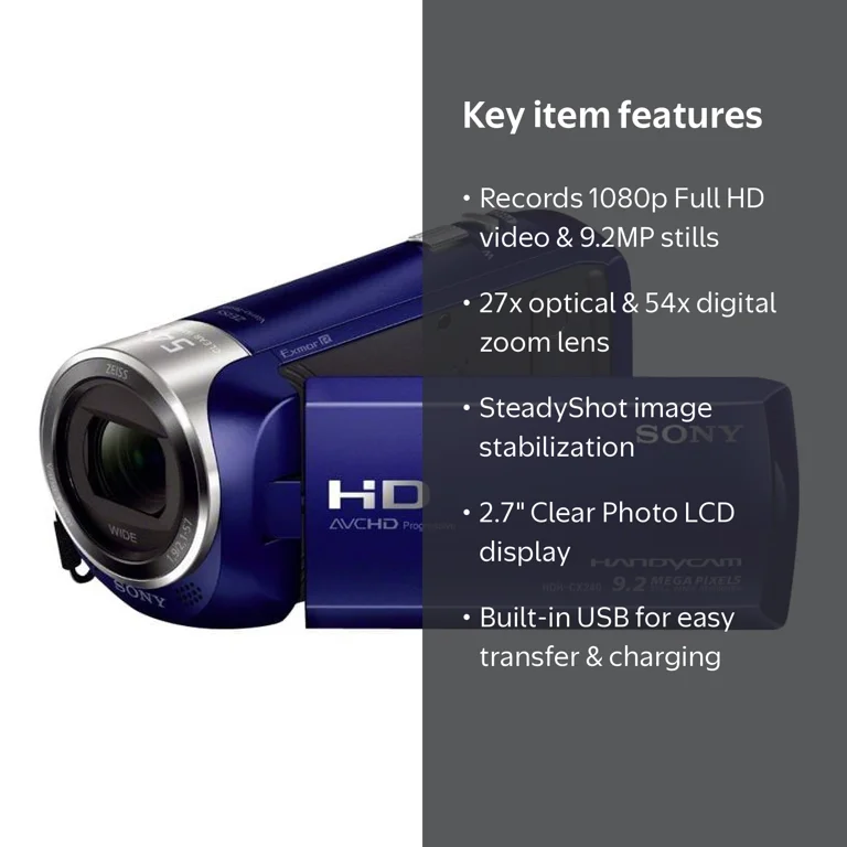 Sony Handycam HDR-CX240, 1080p Camcorder, 27x Optical Zoom, 2.51