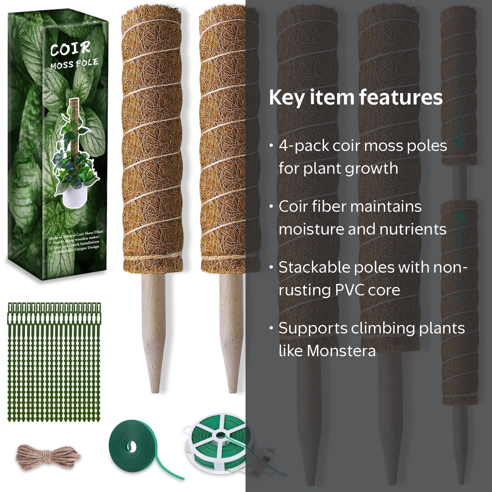 Moss Pole for Indoor Monstera Garden Plant Support, 4 Pack (17