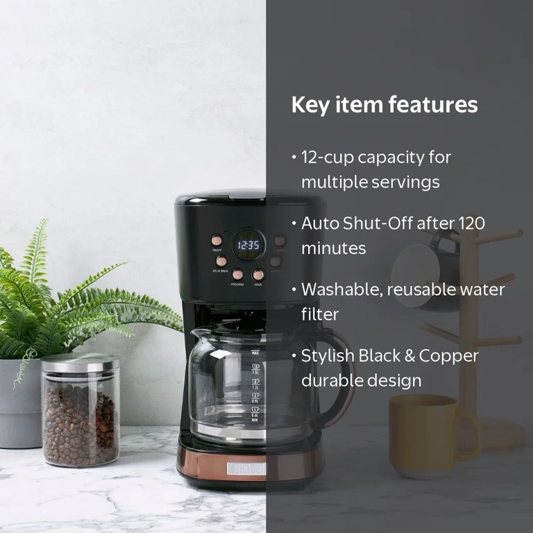Haden, Coffee Machine, 12 Cup Programmable Drip, Black and Copper