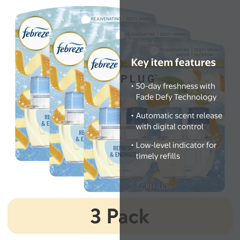 3 pack) Febreze Plug In Air Freshener, Odor-Fighting Scented Oil Refill, Refresh & Energize, 2 Refill