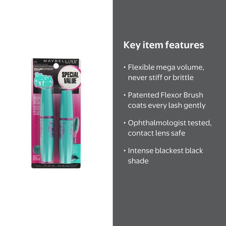 マスカラ・マスカラ下地 the mega plush Maybelline, Mascara, Blackest Black, Gel-Mousse, 2 Pack - Walmart.com