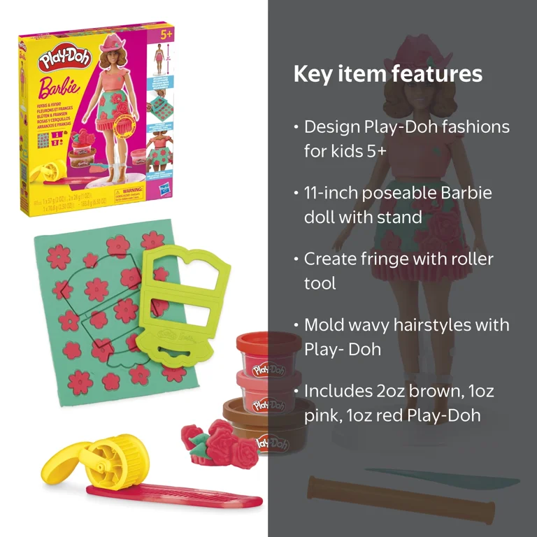 Play-Doh Barbie Florals and Fringe Set, Make Doll Clothes, 5+