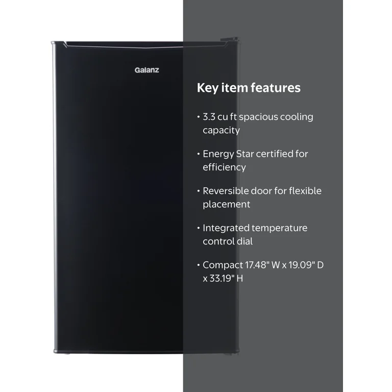 Galanz 3.3 Cu ft Compact Mini Fridge, Black Estar, Ideal for Dorm