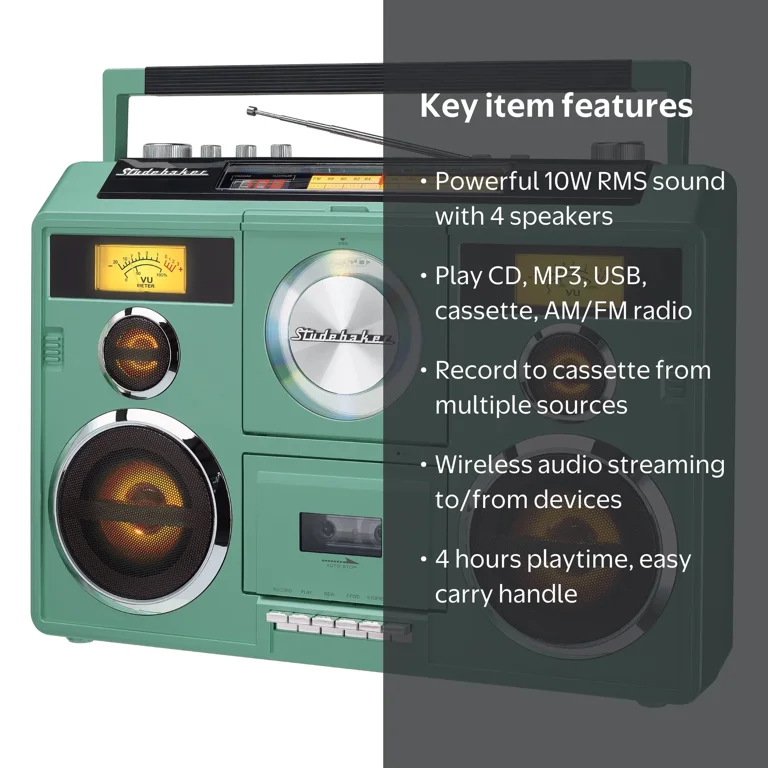 Studebaker Portable Stereo CD Player, AM/FM Radio, Retro Cassette