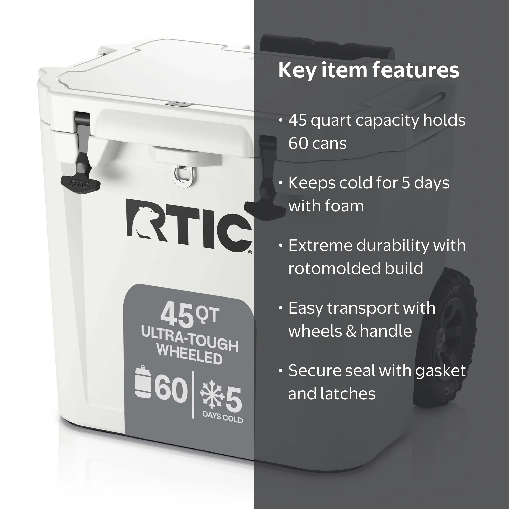 RTIC Ultra-Tough 45 QT Cooler, Ice Chest with Lid, White, Holds 60