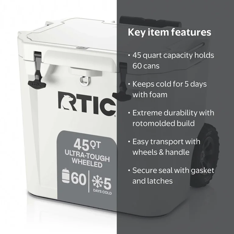 RTIC Ultra-Tough 45 QT Cooler, Ice Chest with Lid, White, Holds 60