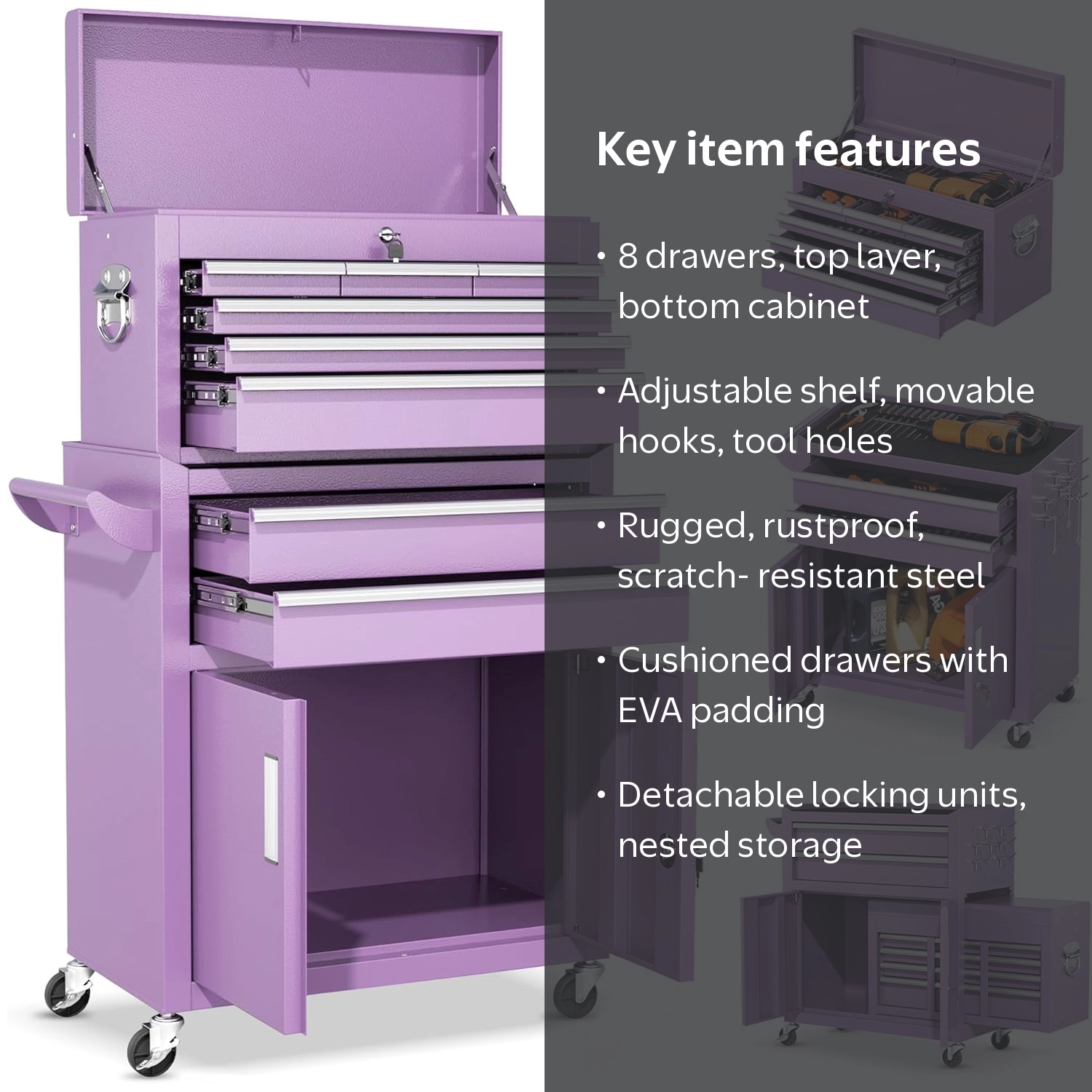 SUNCROWN Tool Chest,8-Drawer Rolling Tool Chest with Detachable
